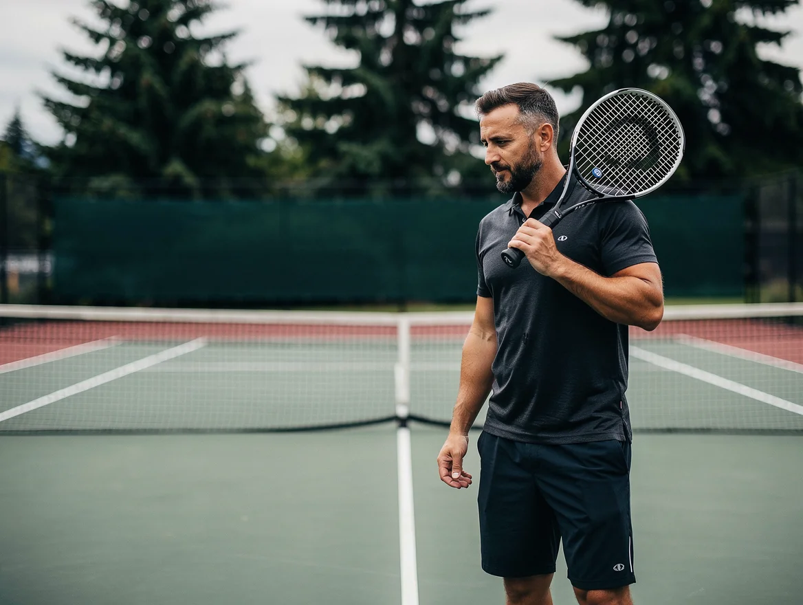 A tennis coach demonstrating technique to a student in Vancouver, by Your Tennis Lessons Vancouver